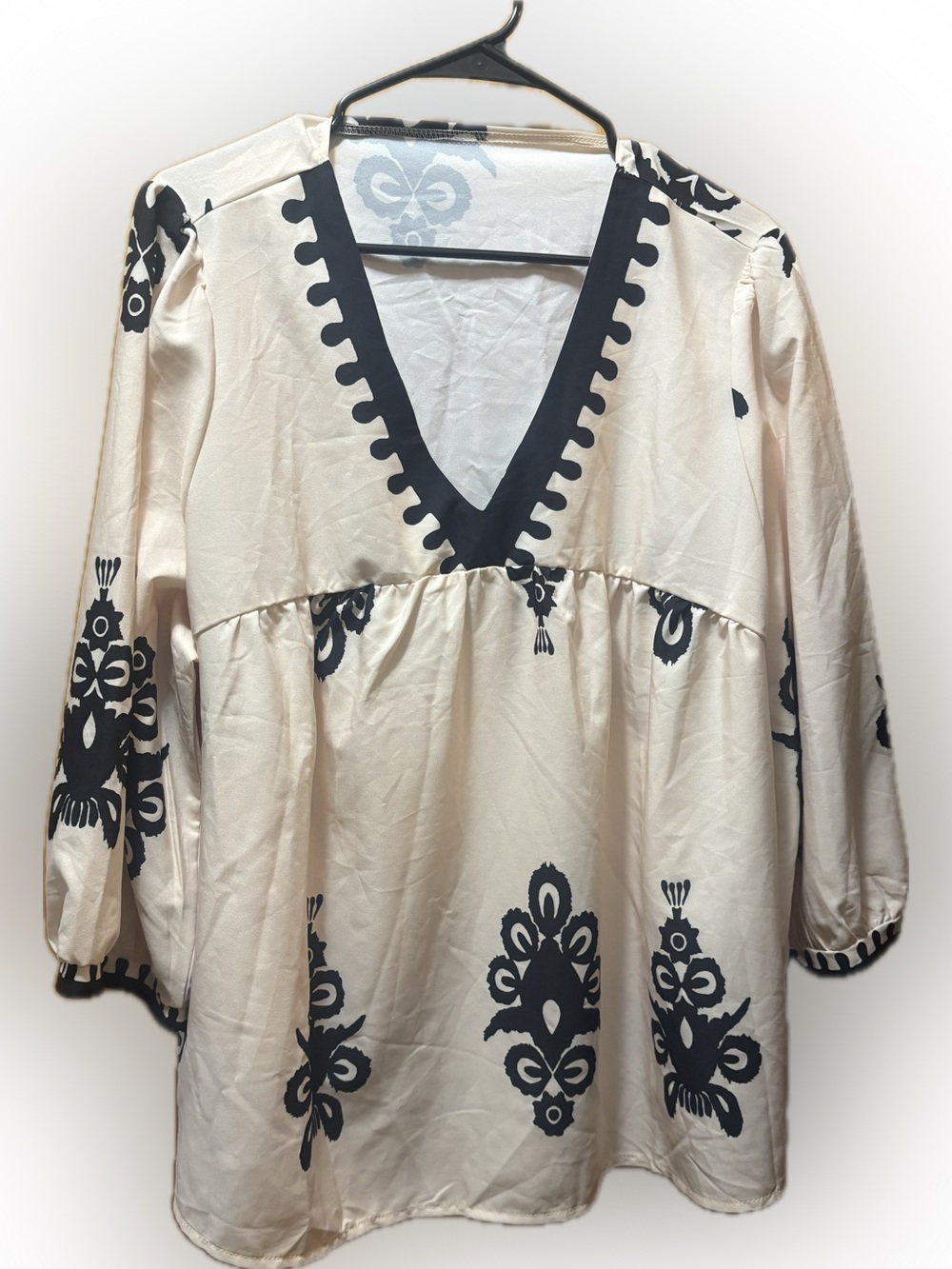 SHEIN Cream Tunic with Black Faux Embroidered Motifs